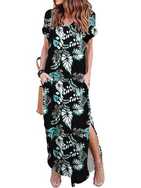 Women Black Leaves Summer Maxi Long Dress Casual Loose Short Sleeve Split Pocket